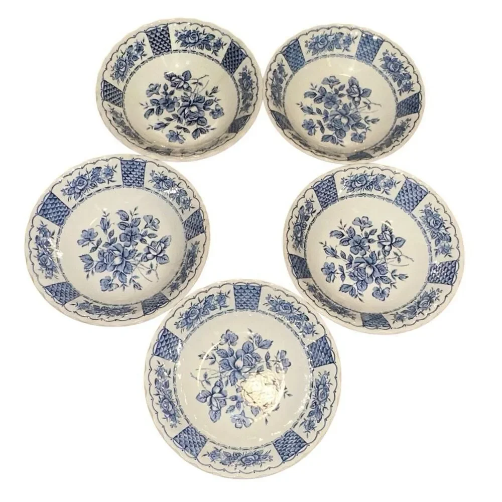 Vtg Myotts Melody England x5 rose decor blue copper print transferware, France c